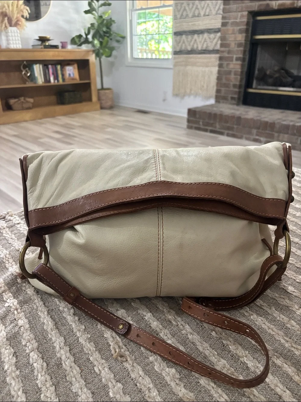 Lucky Brand Leather Crossbody Large Fold over Bag in Cream with Brown Trim -